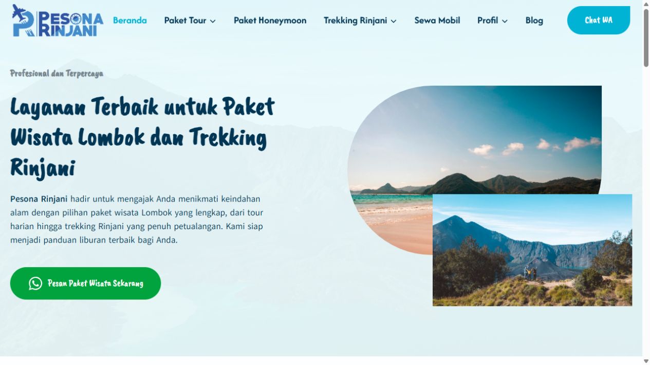 Tampilan homepage Pesona Rinjani