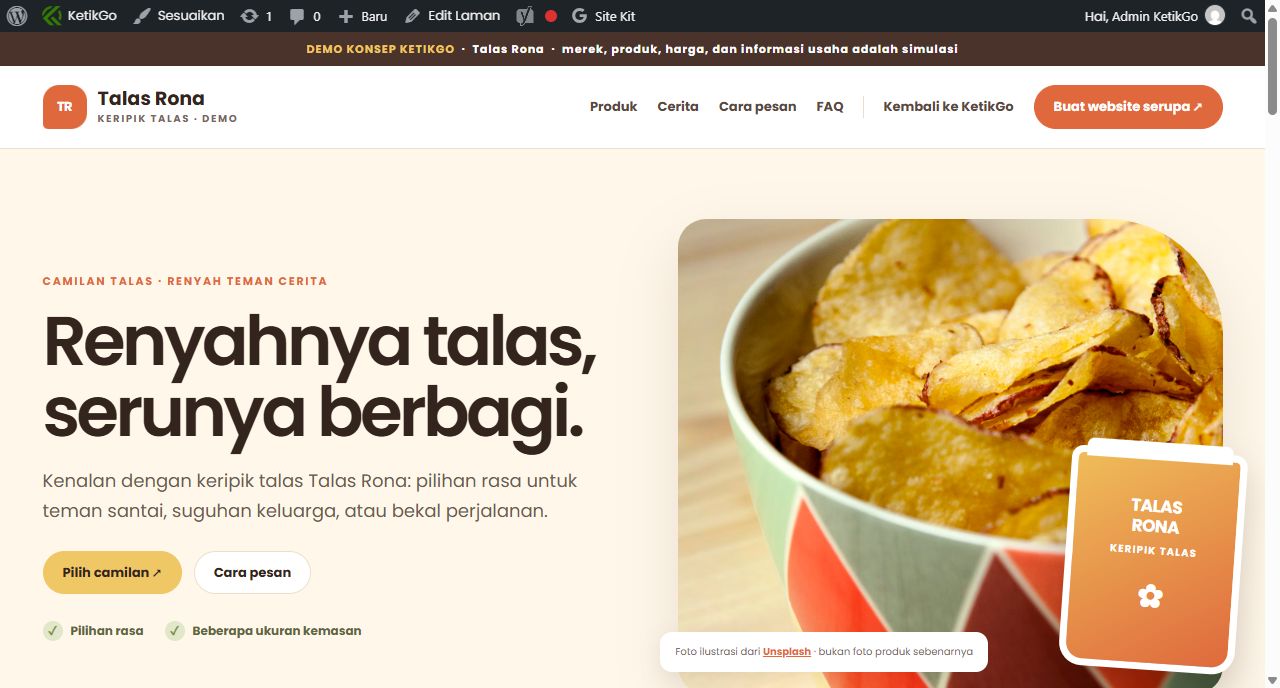 Tangkapan layar demo website Keripik Talas Talas Rona