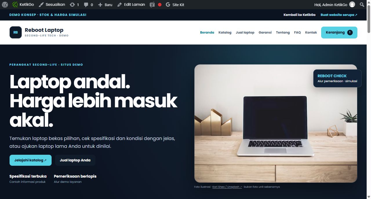 Tangkapan layar demo toko laptop bekas Reboot Laptop