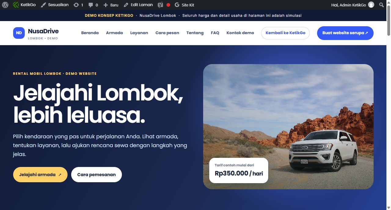 Tangkapan layar demo website rental mobil NusaDrive
